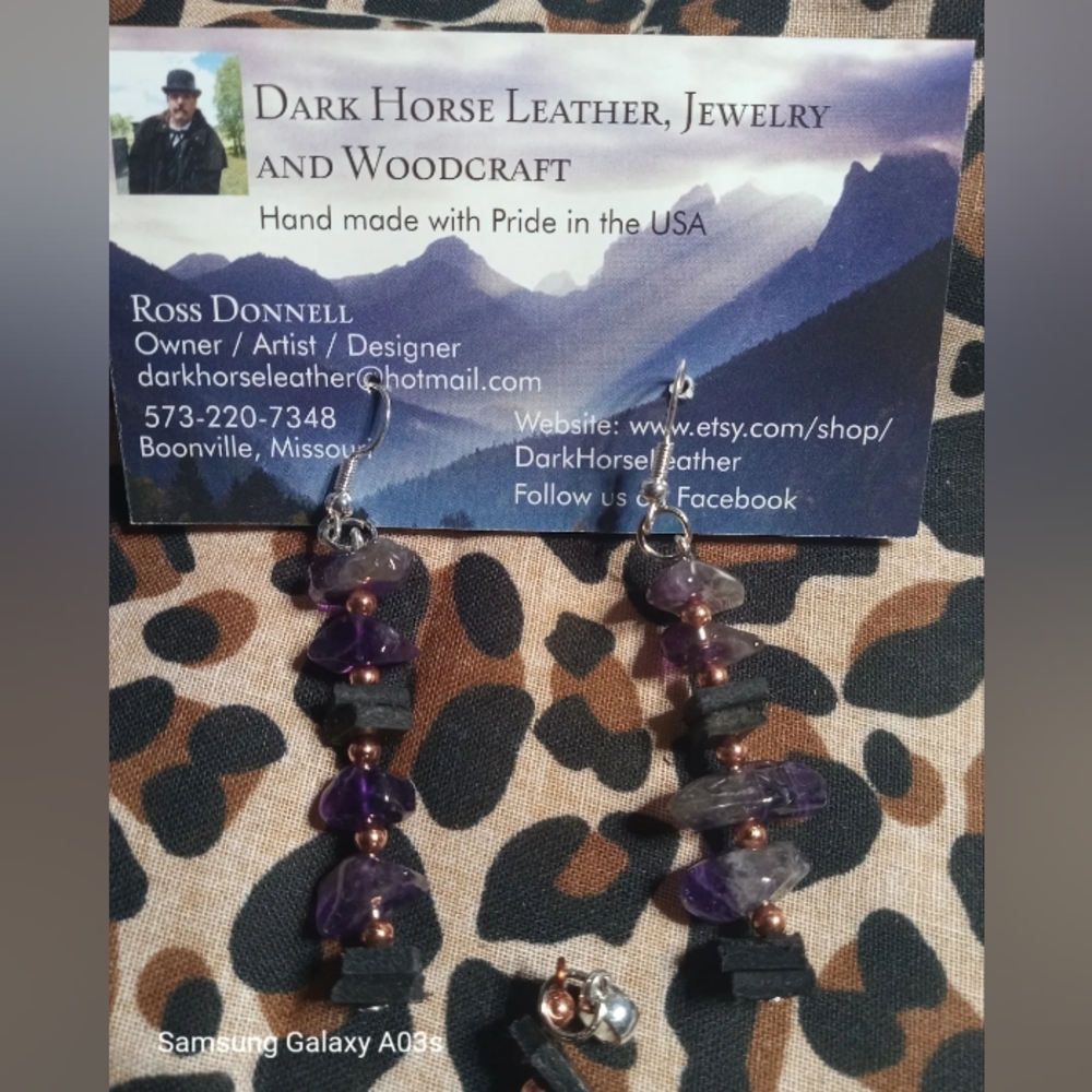 Rocky Mountain Amethyst, and leather earrings and Pendant.